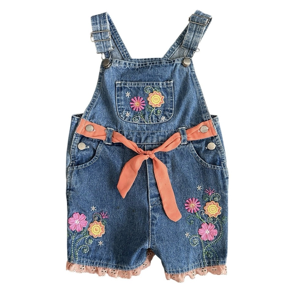 Girls Denim Short Overalls Floral Embroidered Size 4 Adjustable Summer Garden